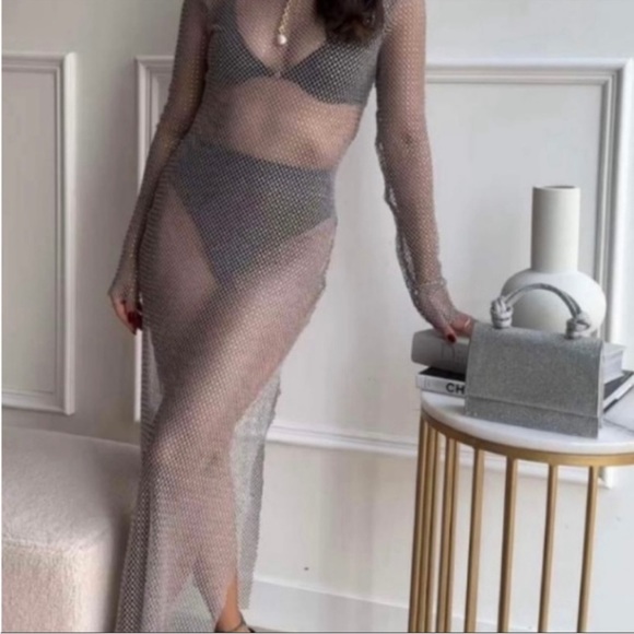 ZARA | NWT! Rhinestone Diamonds Mesh Maxi Dress Size: Large - Zara Blogger Fav - Picture 3 of 10